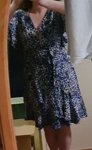 Customer photo review of Bridie Blue Wrap Mini Dress