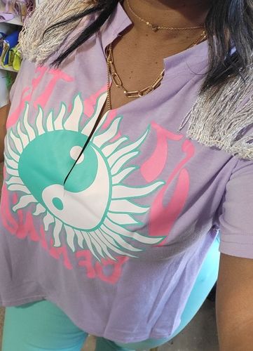 Customer photo review of Cartoon Print Tassels Unusual Side Slit T-Shirt