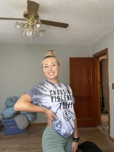 Customer photo review of Salty Savage™ Unisex "CHOOSING VIOLENCE TODAY" Contrast Crew Tee | Silver Tie Dye