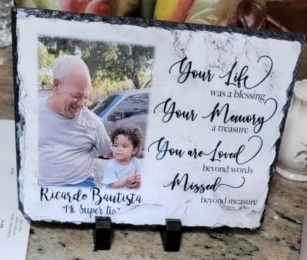 Customer photo review of In Loving Memory plaque, Personalized Memorial plaque for a lost one, lost loved one keepsake, sympathy gift photo slate, remembrance gift