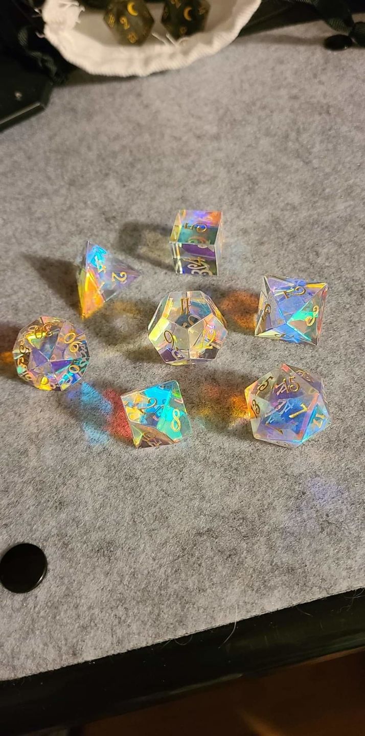 Customer photo review of URWizards D&D Dichroic Prism Glass Gemstone Engraved Dice Set