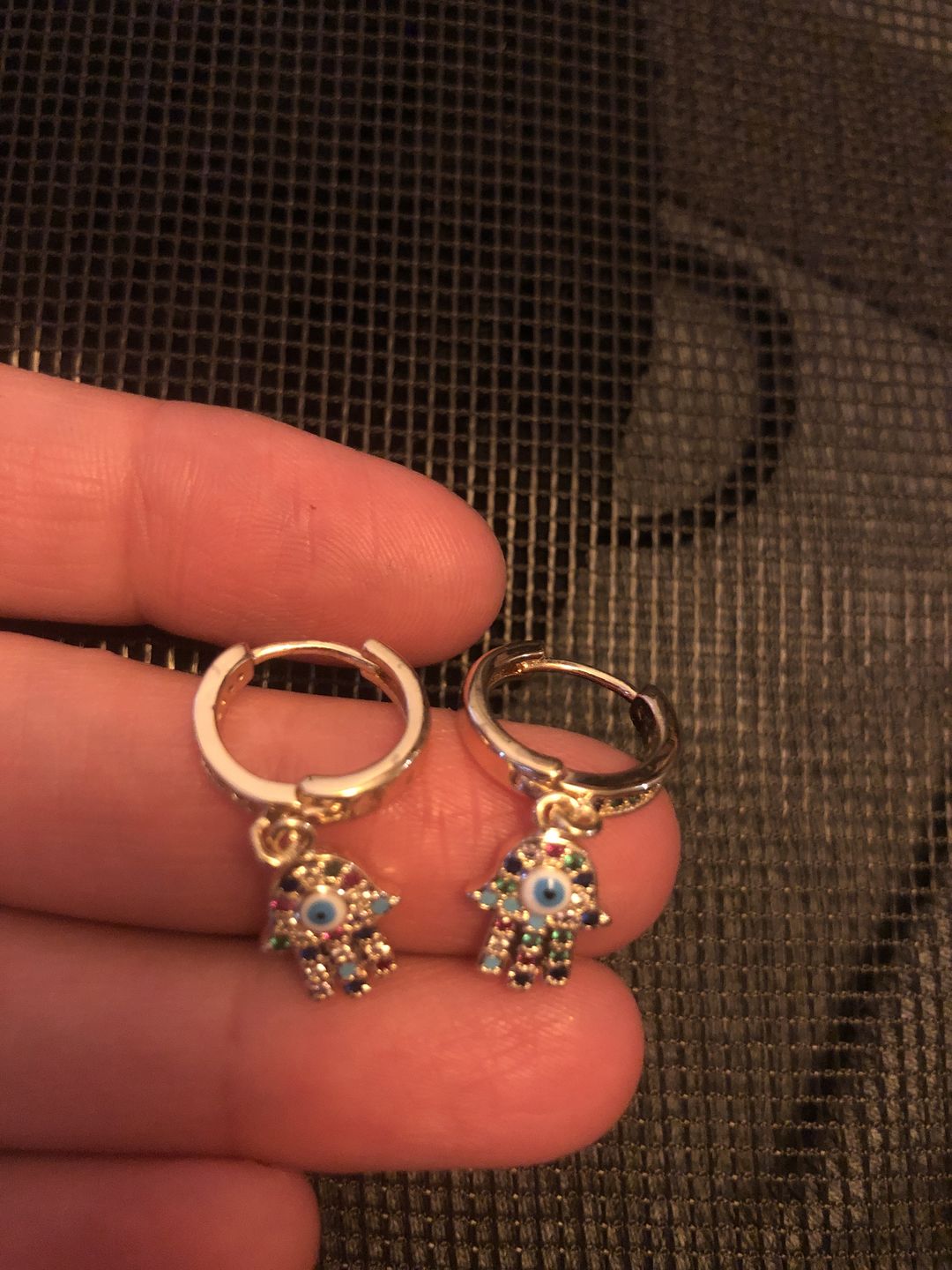 Customer photo review of Hand of Fatima Gold Earrings