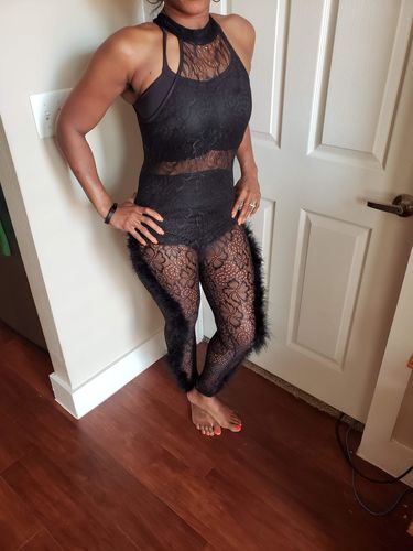 Customer photo review of Floral Lace Romantic Feather See-Through Jumpsuit