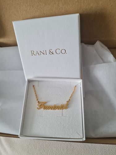 Customer photo review of Feminist Script Necklace (Gold)
