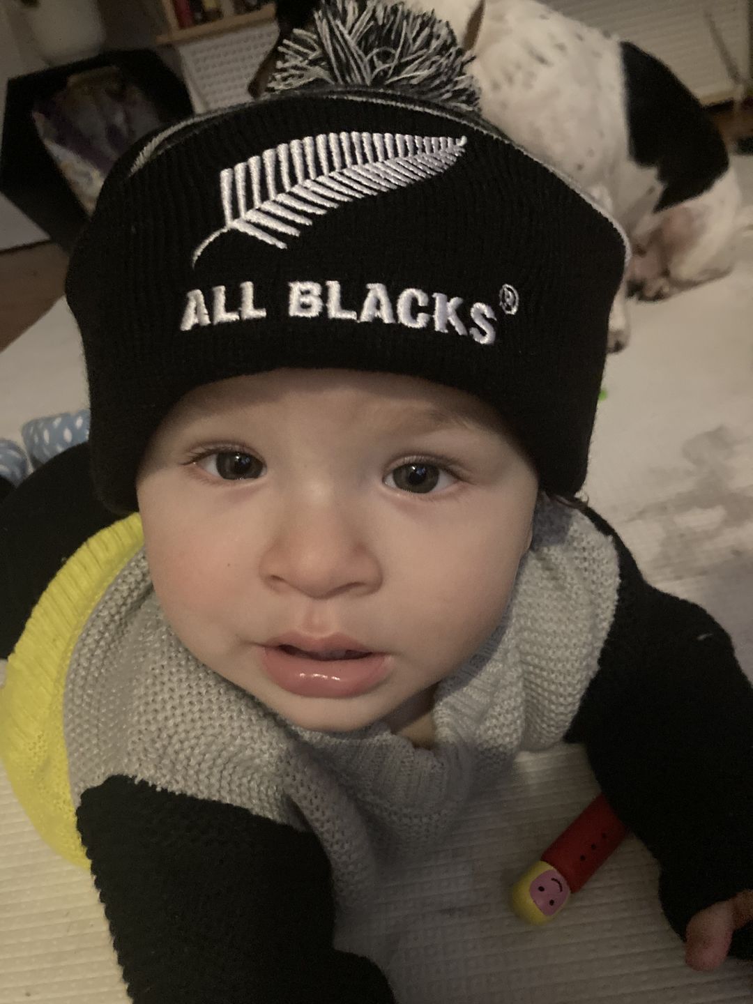 Customer photo review of All Blacks Rugby Striped Beanie with Pompom