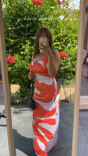 Customer photo review of Satin Abstract Print Asymmetrical Neck Maxi Dress