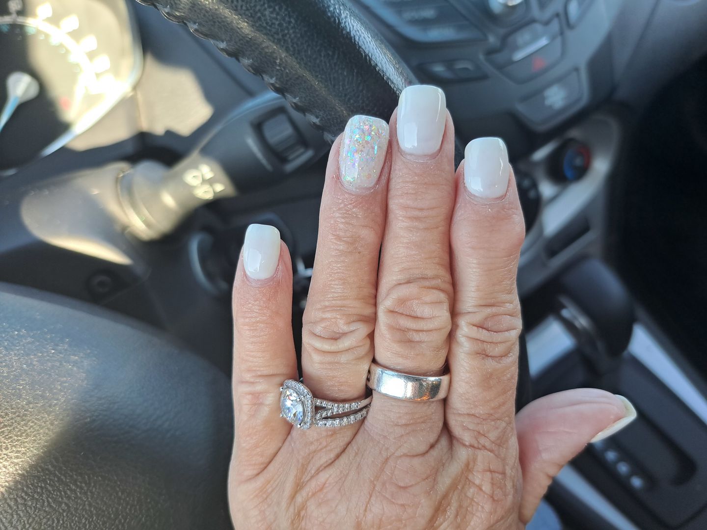 Customer photo review of Moissanite Split Shank Square Halo Pave Sterling Silver Wedding Ring