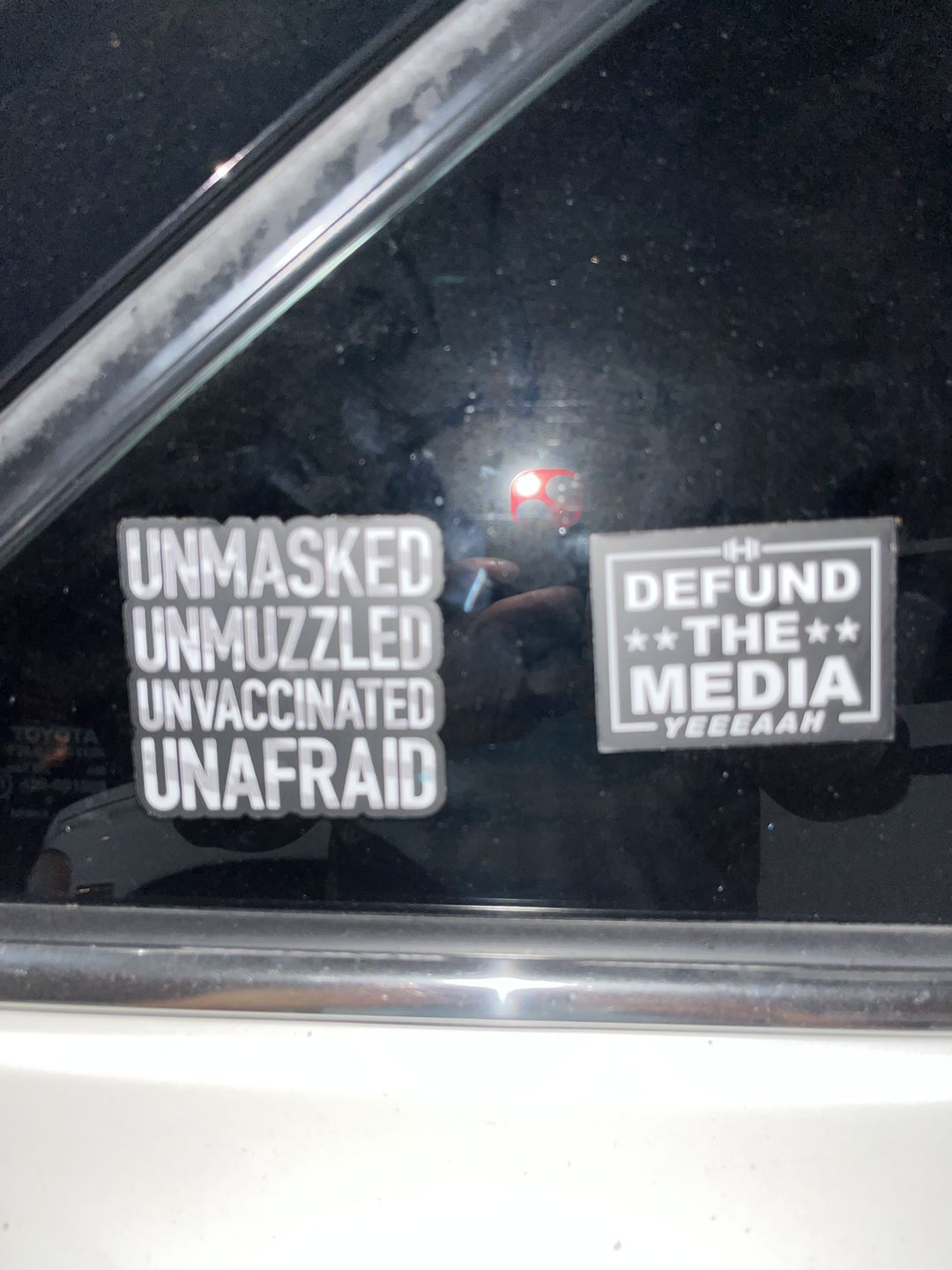 Customer photo review of Unmasked Unmuzzled Decal