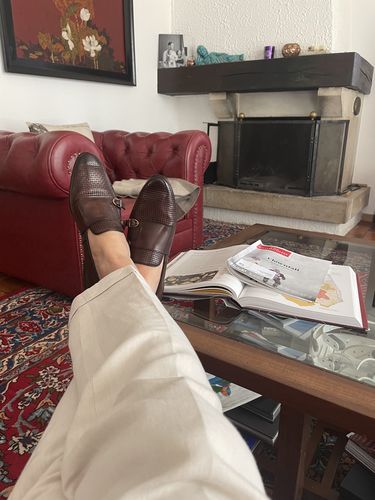 Customer photo review of Loafer Slipper - Dark Brown Double Monk Strap with Woven Leather (Hand Painted Patina)