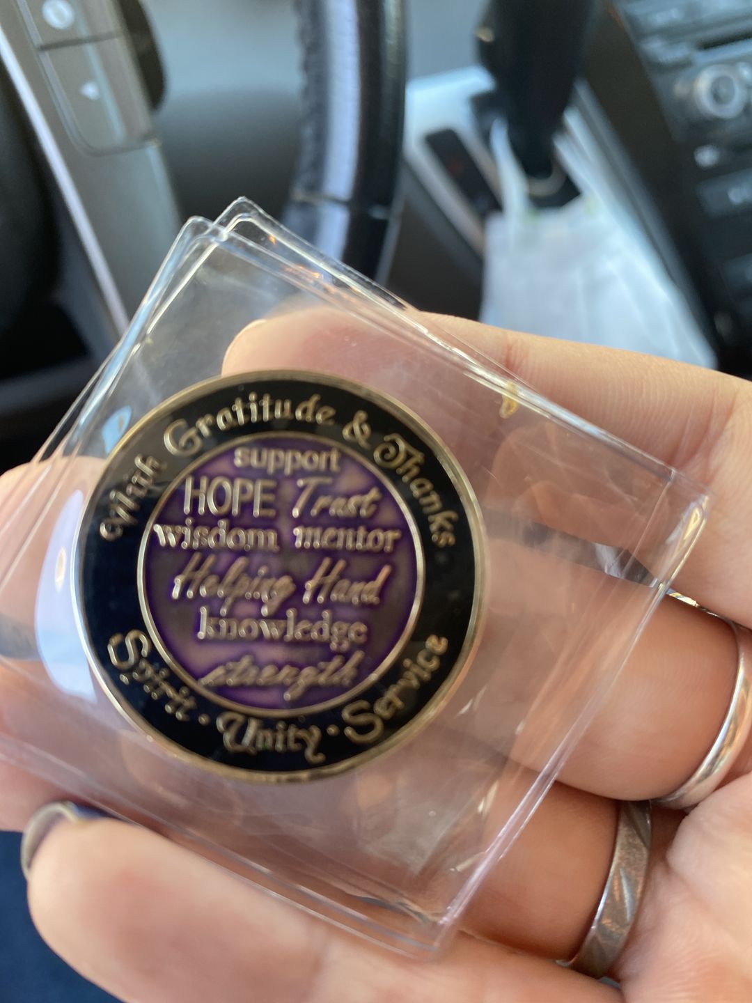 Customer photo review of My Sponsor Specialty Women's AA/NA Butterfly Medallion - Purple/Gold