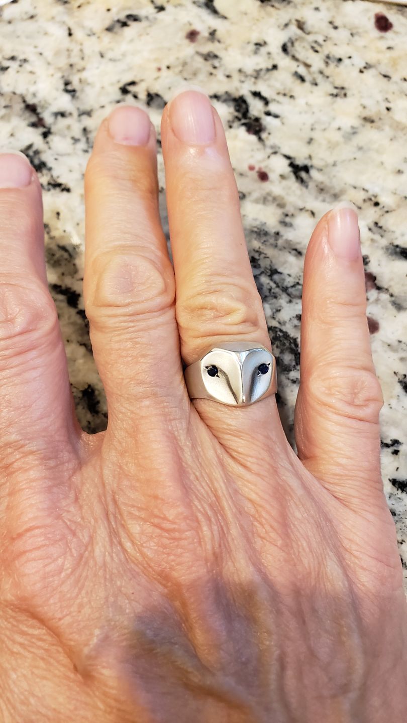 Customer photo review of Owl Ring with Sapphire Eyes