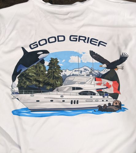Customer photo review of Dri-Fit Short Sleeve Custom Boat Shirts (Front & Back)