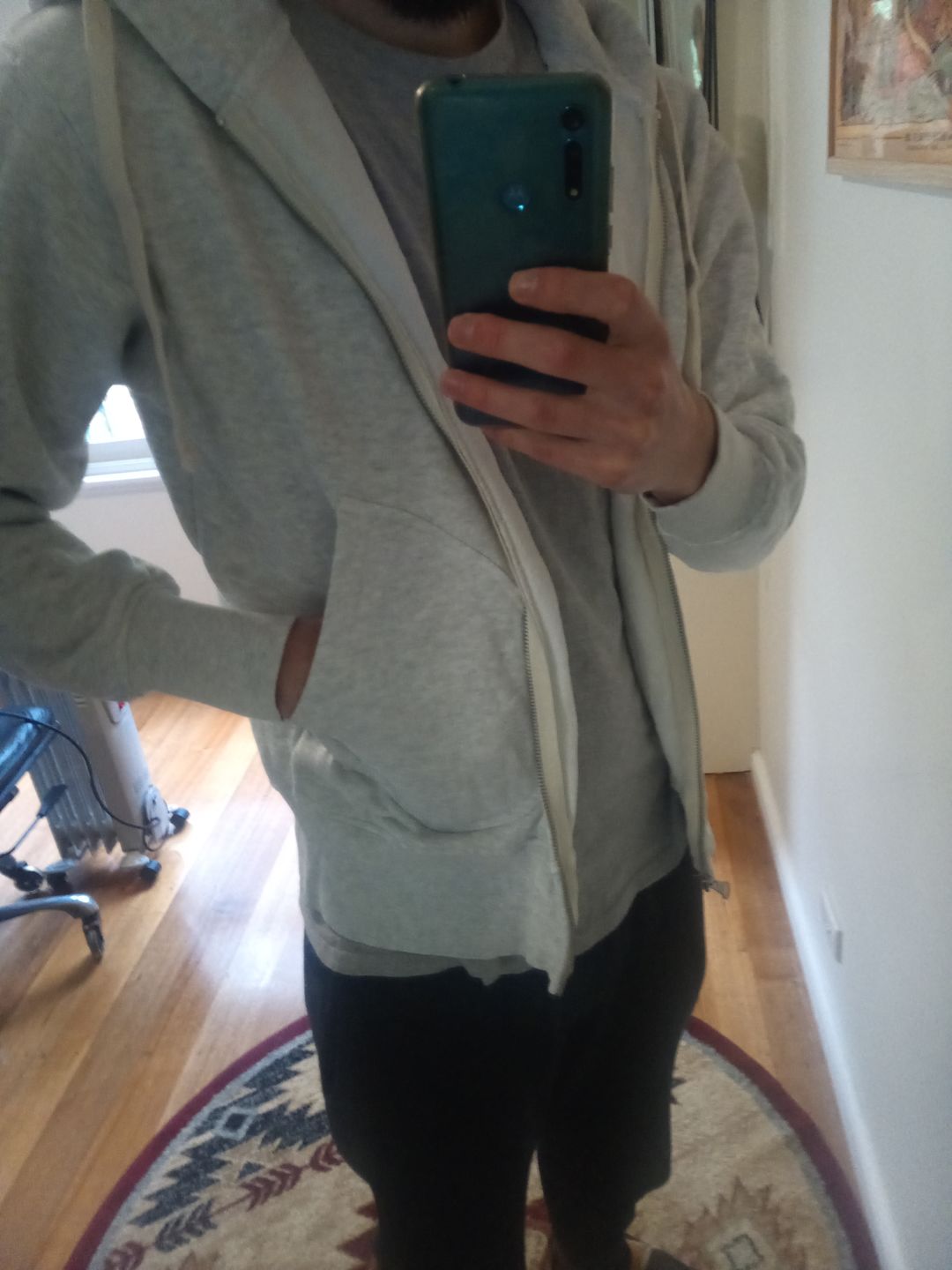 Customer photo review of 17.5 oz Terry Cloth Zip-Up Hoodie - Light Gray