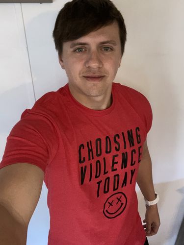Customer photo review of Salty Savage Unisex "CHOOSING VIOLENCE TODAY" Tee | Red/Black