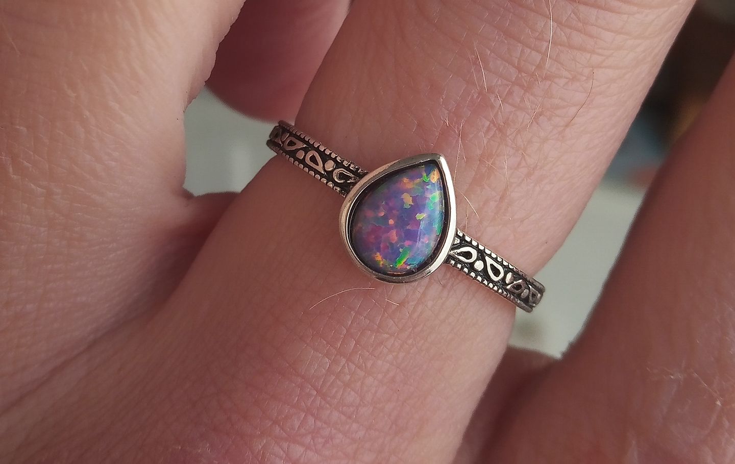 Customer photo review of Purple Tear Drop Opal Ring