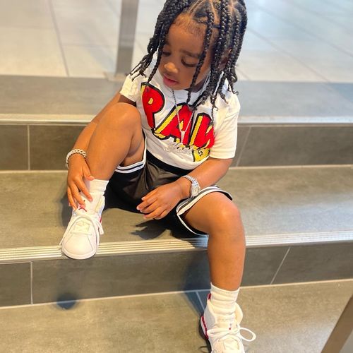 Customer photo review of Kids RAW Smiley Chenille Crew Neck and Mesh Shorts Set - White Tees / Yellow Shorts