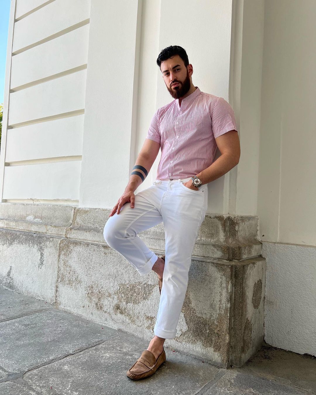 Customer photo review of Men's Breathable Cotton Stand Collar Short Sleeve Striped Classic Shirts