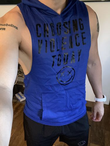 Customer photo review of Salty Savage “CHOOSING VIOLENCE TODAY” Sleeveless Racerback Muscle Tank Hoodie | Royal Blue