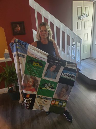 T-shirt quilt with donation, organ donation themes by Tracy from CO