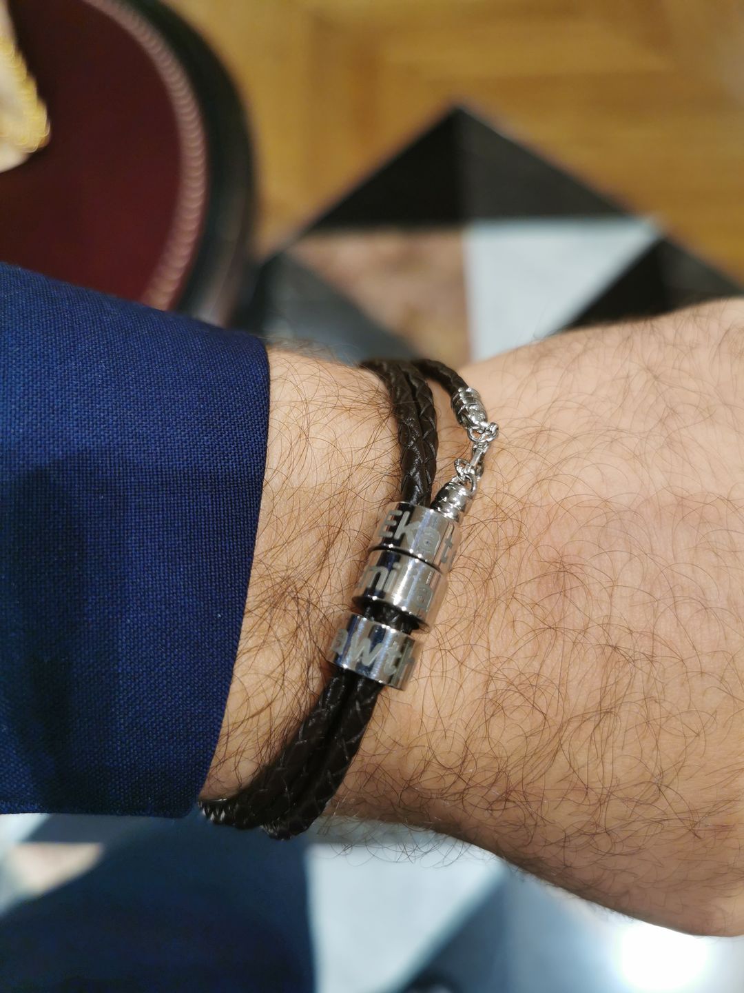 Customer photo review of Father's Day Gift Men's Leather Bracelet with Small Custom Beads