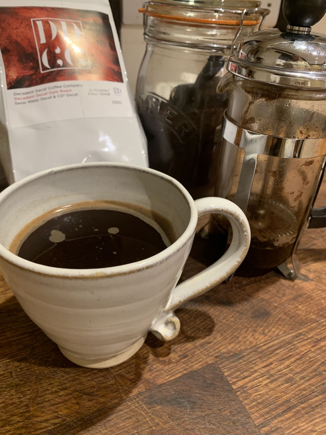 Customer photo review of Dark Roast Decaffeinated Coffee Blend - Swiss Water Decaf/CO2 Process - Strength 5 - Decadent Decaf