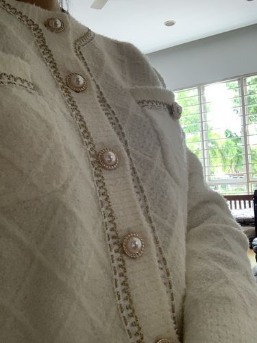 Customer photo review of Fluffy Contrast Trim Faux Pearl Button Cardigan