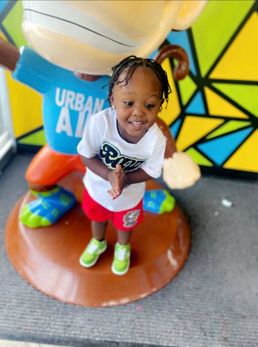 Customer photo review of Kids RAW Retro Flower Chenille Crew Neck and Cotton Shorts Set - White Tees / Red Shorts