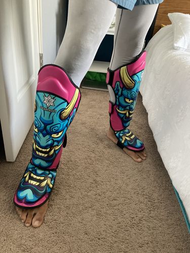 Customer photo review of Blue Japanese Demon Print Muay Thai Shin Guards