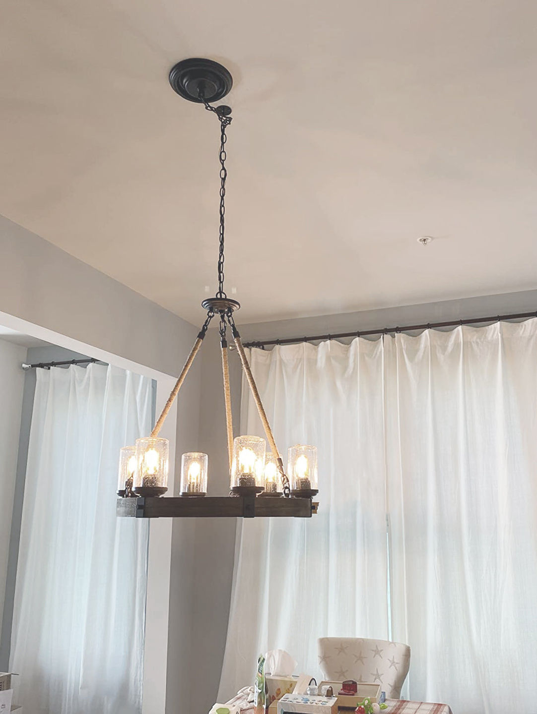 Customer photo review of 6-Light Wood Wagon Wheel Chandelier Modern Farmhouse