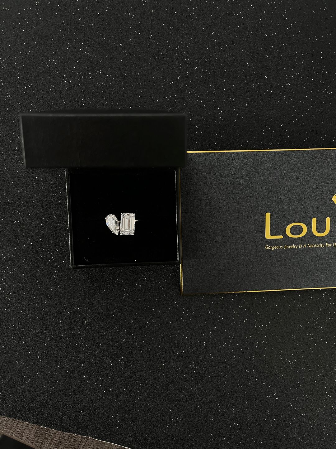 Customer photo review of Louily Unique Double Stones Design Emerald Cut & Pear Cut Engagement Ring In Sterling Silver