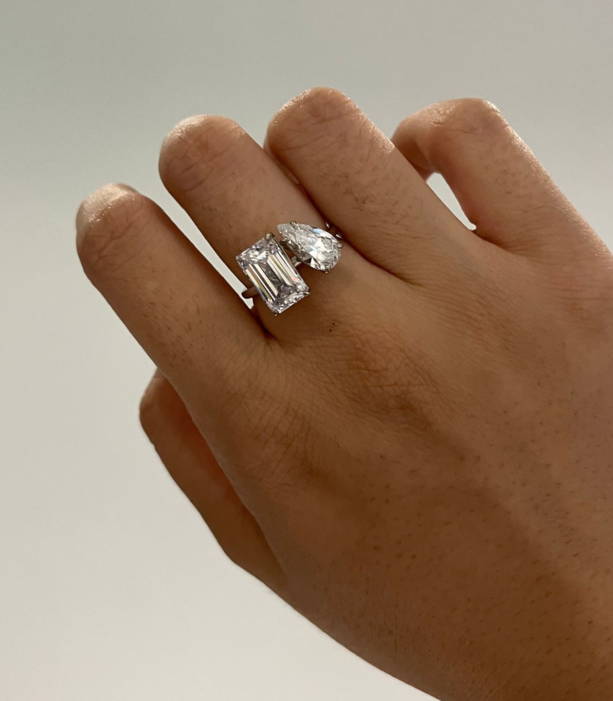 Customer photo review of Louily Unique Double Stones Design Emerald Cut & Pear Cut Engagement Ring In Sterling Silver