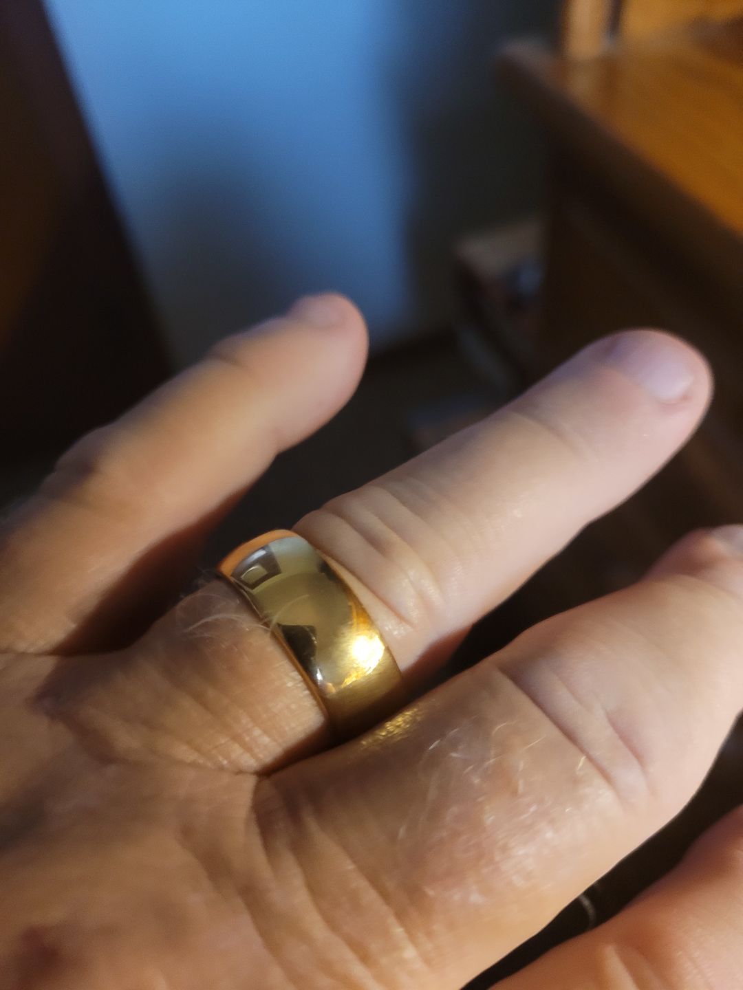Customer photo review of 9mm - 14k Yellow Gold Tungsten Wedding Band, High Polish Dome Shape, Anniversary Ring