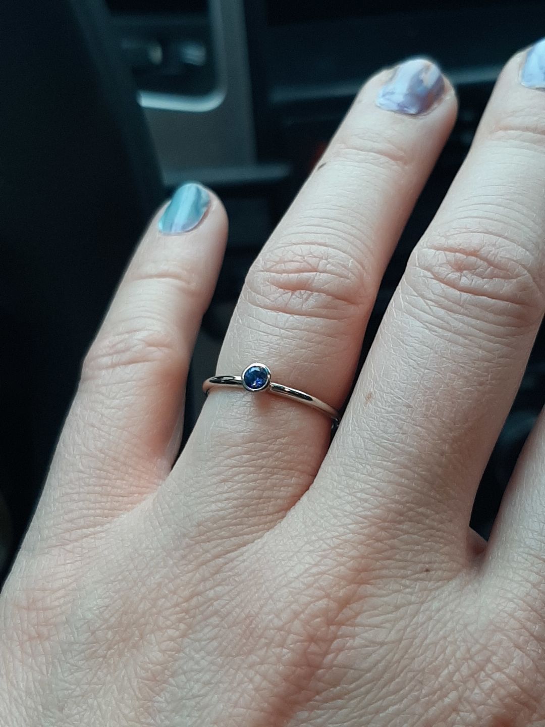 Customer photo review of Ceylon Sapphire 3mm White Gold Stacking Bezel Ring - Glossy Finish - Hand Made in Gold
