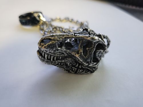 Customer photo review of Silver T-REX Skull Pendant