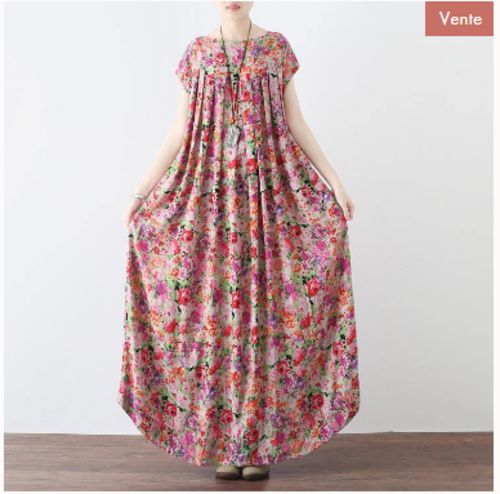 Customer photo review of New Pink Prints Linen Caftans Casual Big Hem Linen Maxi Dress Vintage Short Sleeve Maxi Dresses (Limited Stock)