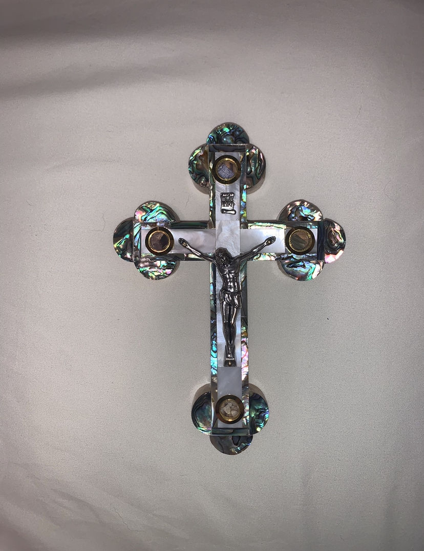 Customer photo review of Olive Wood Crucifix (Fully covered with Mother of Pearl) - Holy Land Crucifixes