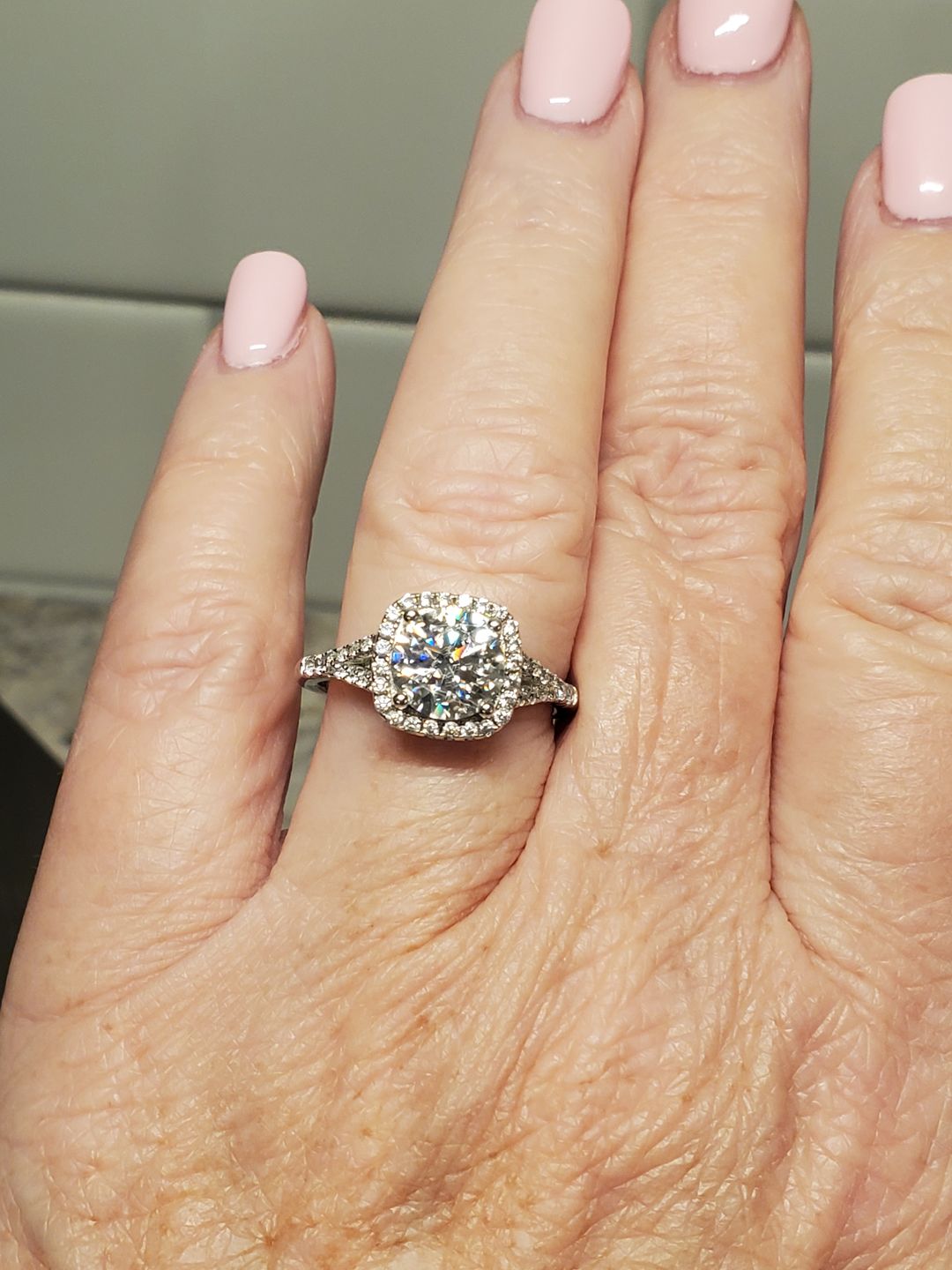 Customer photo review of Moissanite Split Shank Square Halo Pave Sterling Silver Wedding Ring