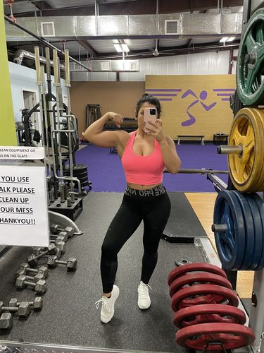Customer photo review of Ladies Salty Smile Classic Racerback Longline Sports Bra | Neon Coral