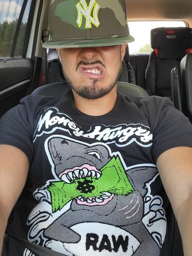 Customer photo review of Men Money Hungry Chenille Crew Neck T-Shirts