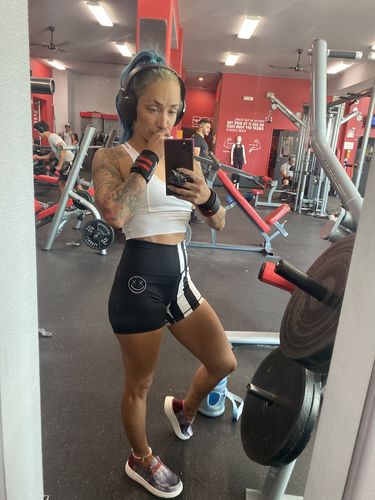 Customer photo review of Salty Savage Ladies High Waist "Cruella Vibes" Spliced Training Shorts | Wet Suit Performance | Black/White Striped
