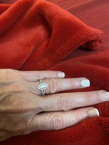 Customer photo review of Halo Marquise-Cut Moissanite Double Shank Pave Engagement Ring