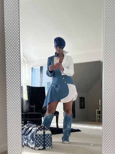 Customer photo review of Denim Patchwork Unique Fold Over Block Boots
