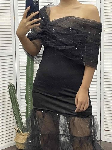 Customer photo review of Black Sophisticated Mesh Patchwork Tiered Ruffle Midi Dress