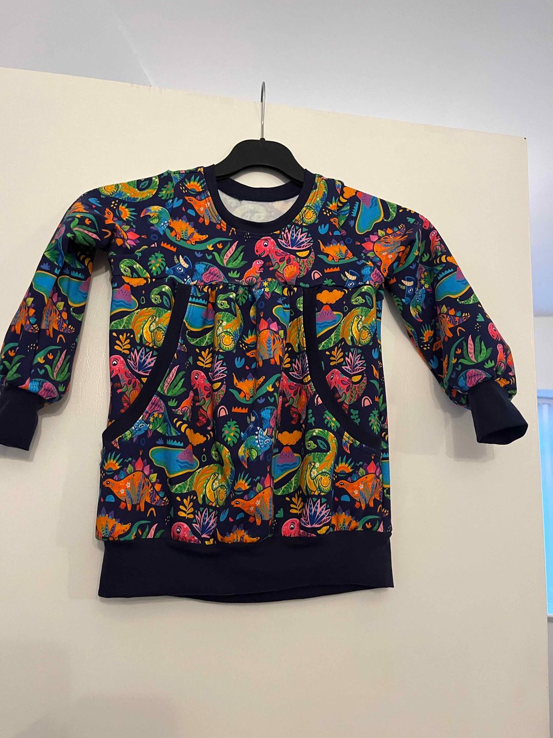 Customer photo review of Multicoloured Dinosaurs on Navy French Terry Fabric
