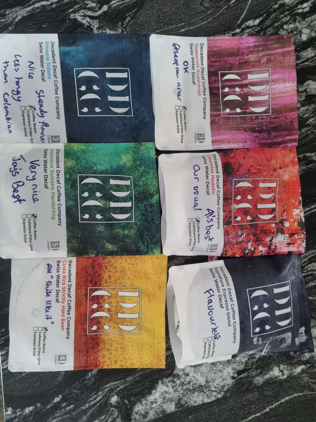 Customer photo review of Bundle of all our Swiss Water Decaf Coffees - 6 x 227g Coffees or 6 x 500g Coffees
