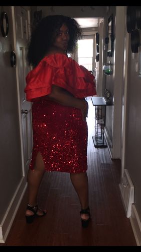 Customer photo review of Sequined Party Tiered Ruffle Off Shoulder Midi Dress