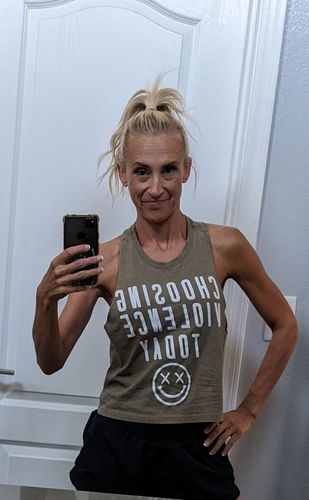 Customer photo review of Salty Savage Ladies "CHOOSING VIOLENCE TODAY" Flowy Crop Top | Olive/White