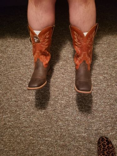 Customer photo review of Ariat Men's Hybrid Big Boy Orange and Brown Square Toe Boots 10035925
