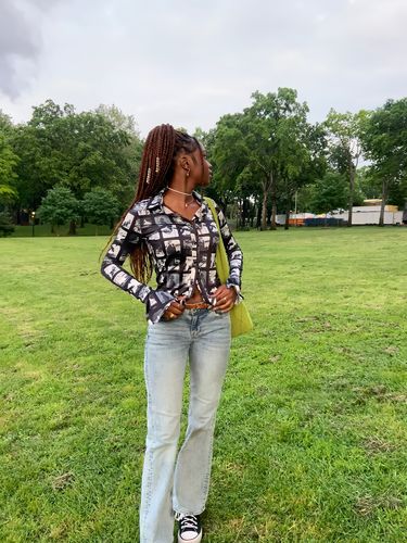 Customer photo review of Turnover collar buttoned flared long sleeve print top