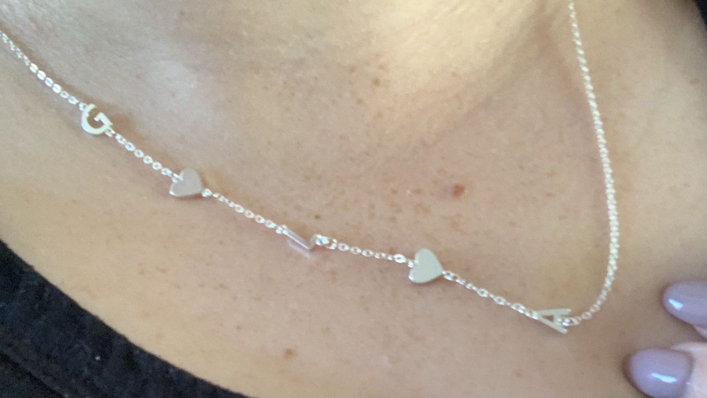 Customer photo review of Sideways Initial Letter Solid Heart Necklace